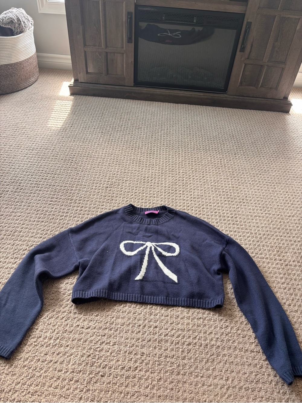 Cropped Navy Sweater with White Bow - Women
